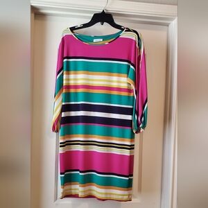 Calvin Klein Pink and Green Striped Long Sleeve Dress